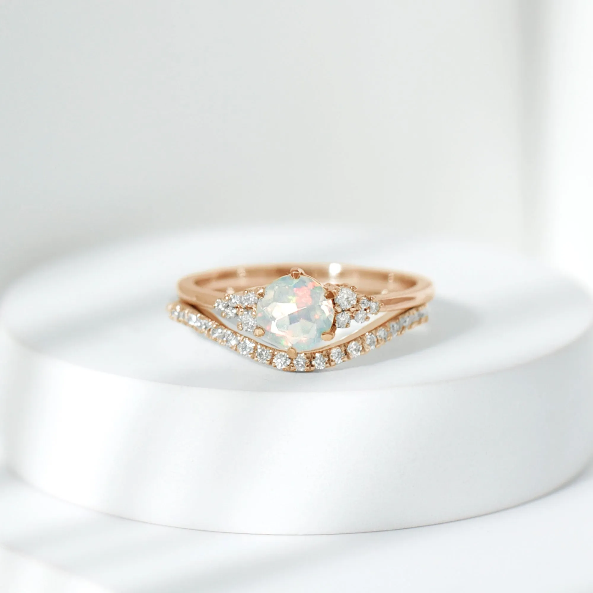 Round Ethiopian Opal and Diamond Bridal Ring Set
