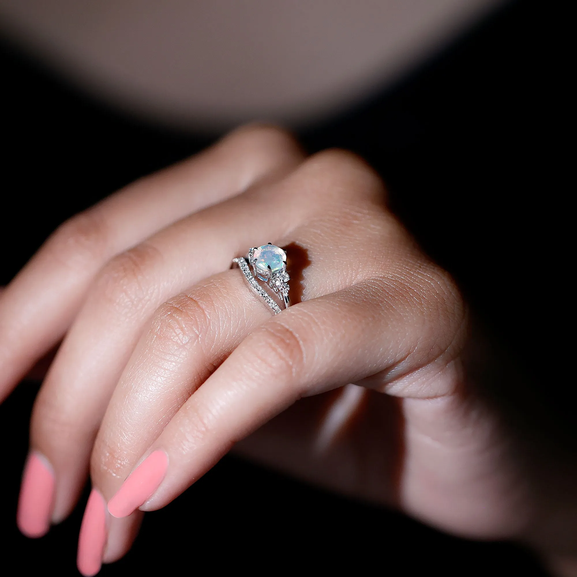 Round Ethiopian Opal and Diamond Bridal Ring Set