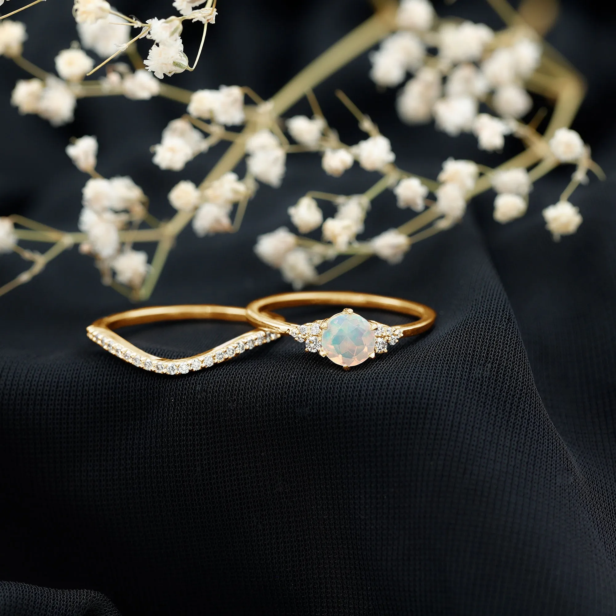 Round Ethiopian Opal and Diamond Bridal Ring Set
