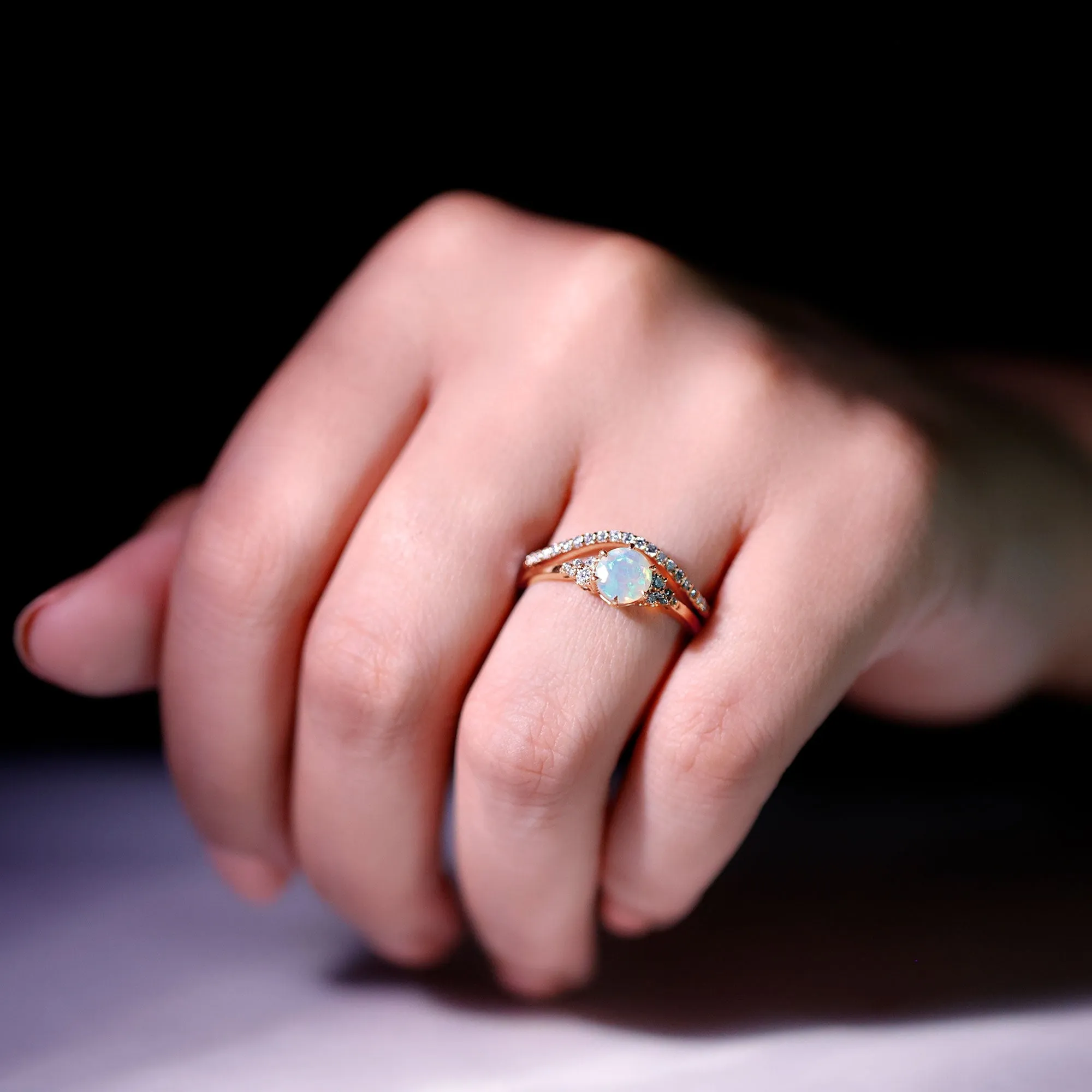 Round Ethiopian Opal and Diamond Bridal Ring Set