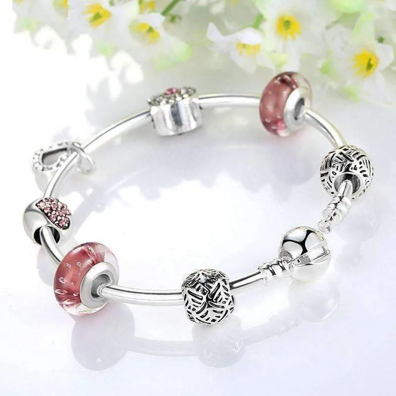 Shimmering Rose Silver Bangle Bracelet for Woman