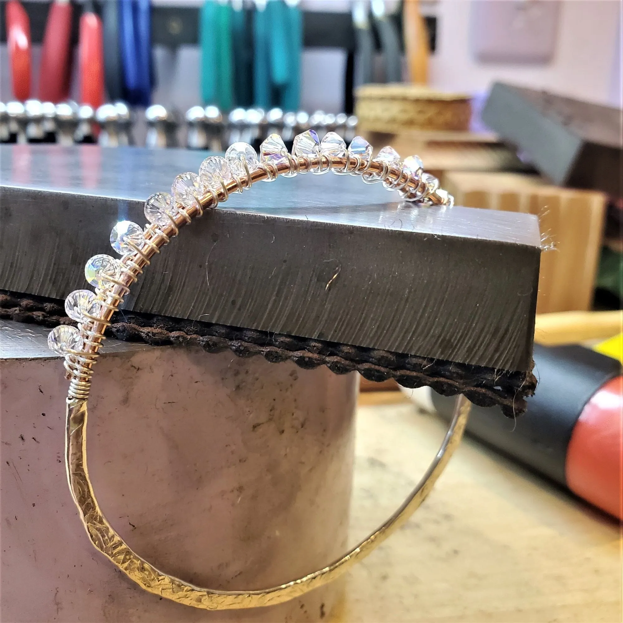Two Metal  Embossed Wire Wrapped Crystal Bangle