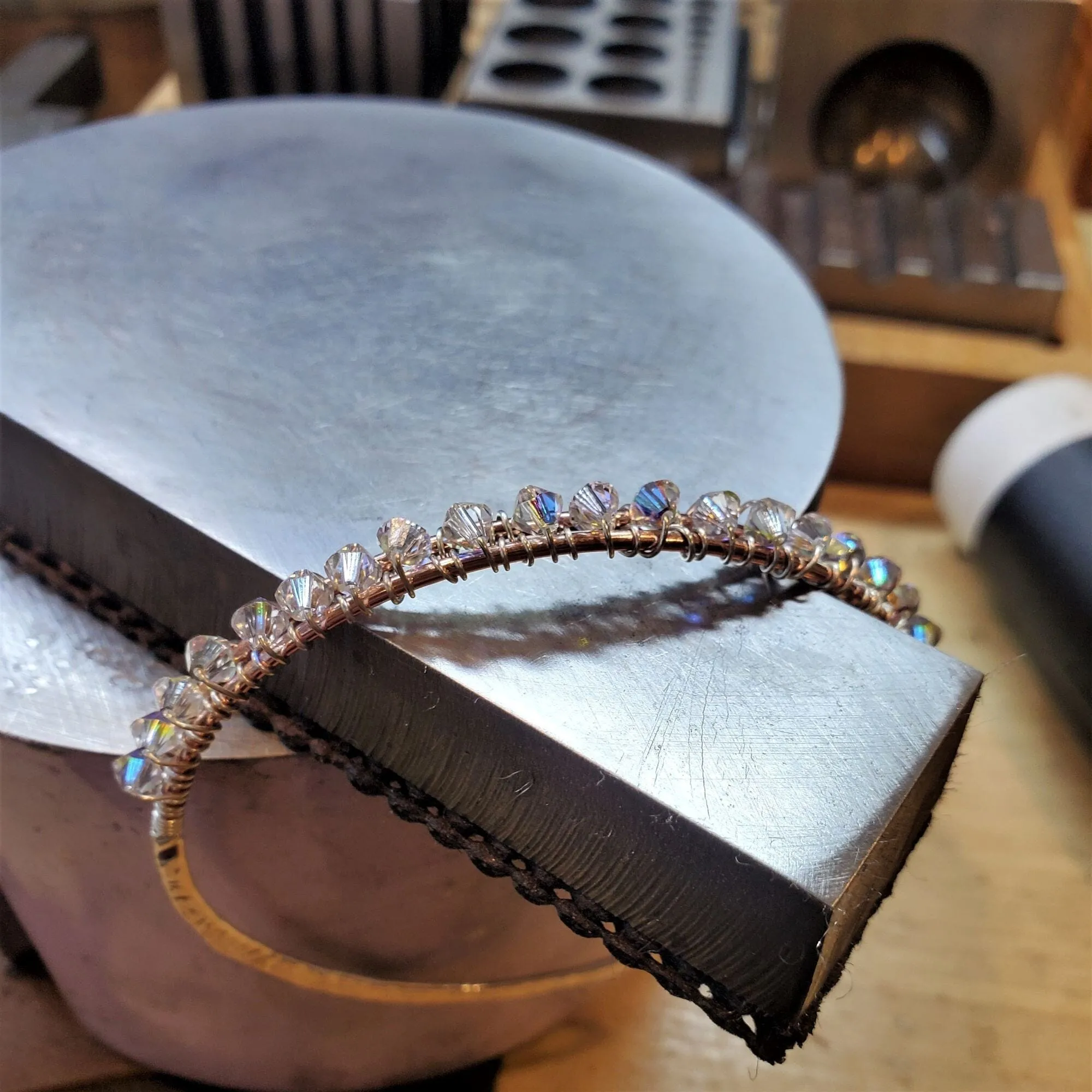 Two Metal  Embossed Wire Wrapped Crystal Bangle