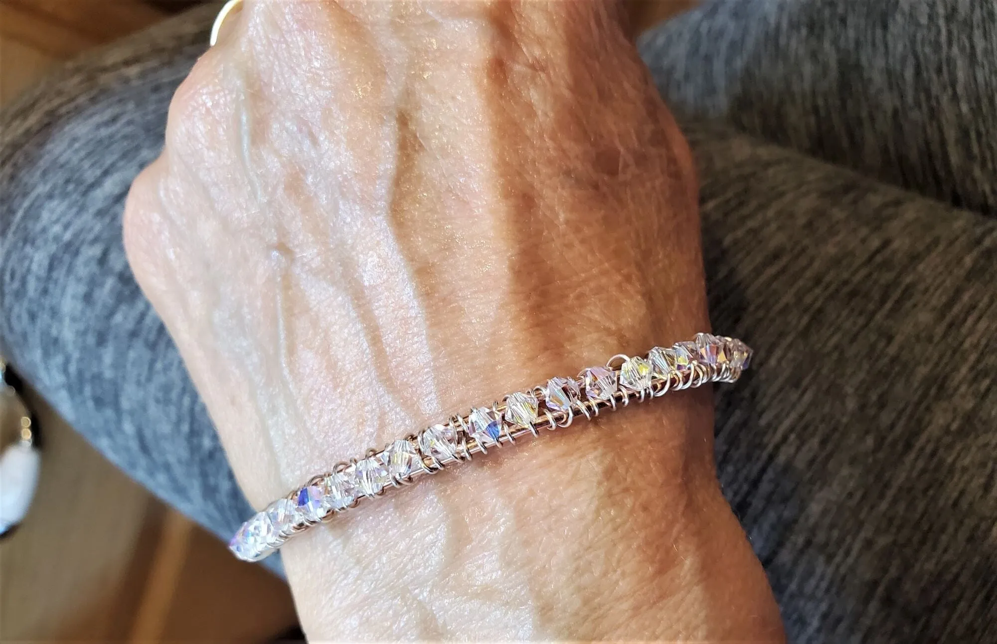 Two Metal  Embossed Wire Wrapped Crystal Bangle