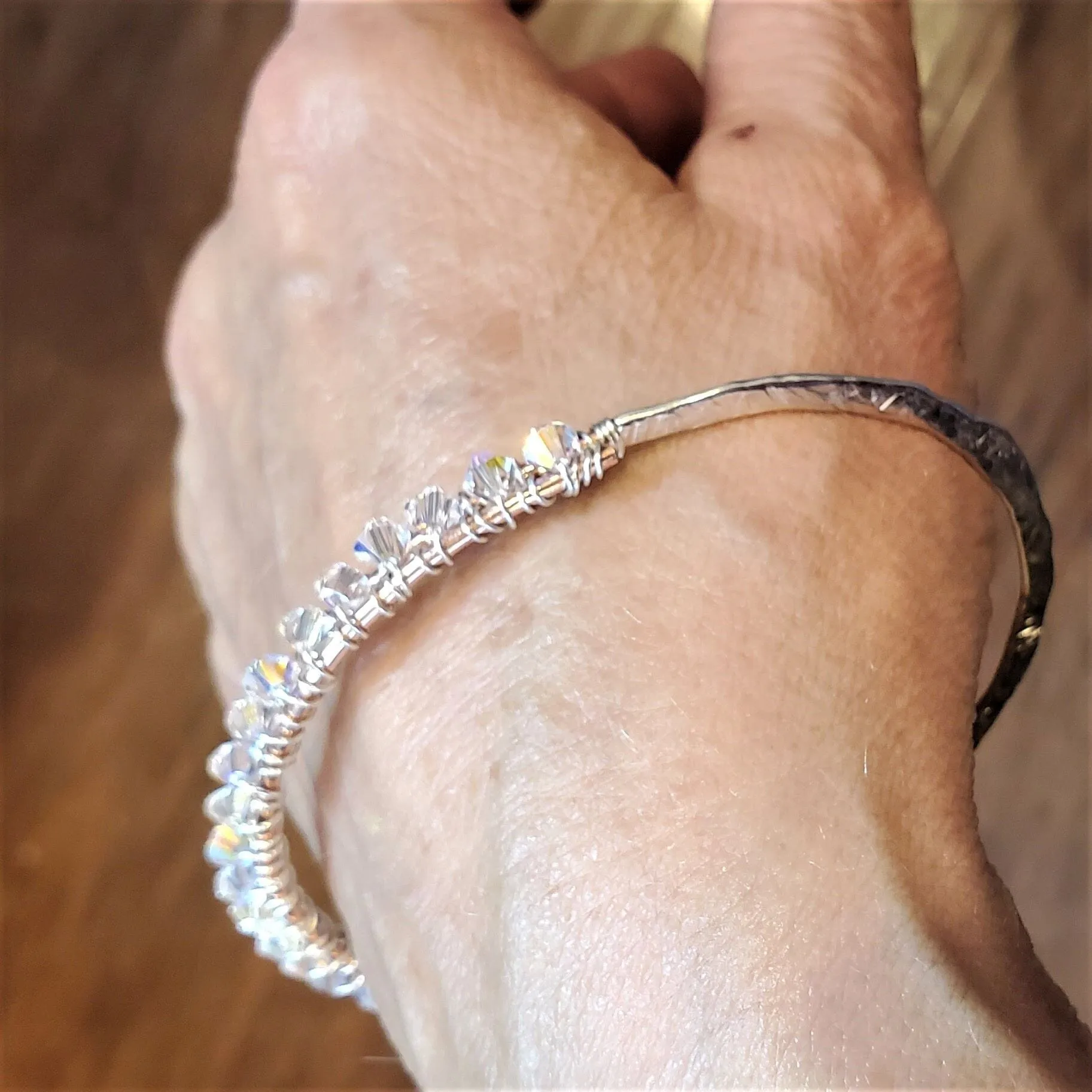 Two Metal  Embossed Wire Wrapped Crystal Bangle