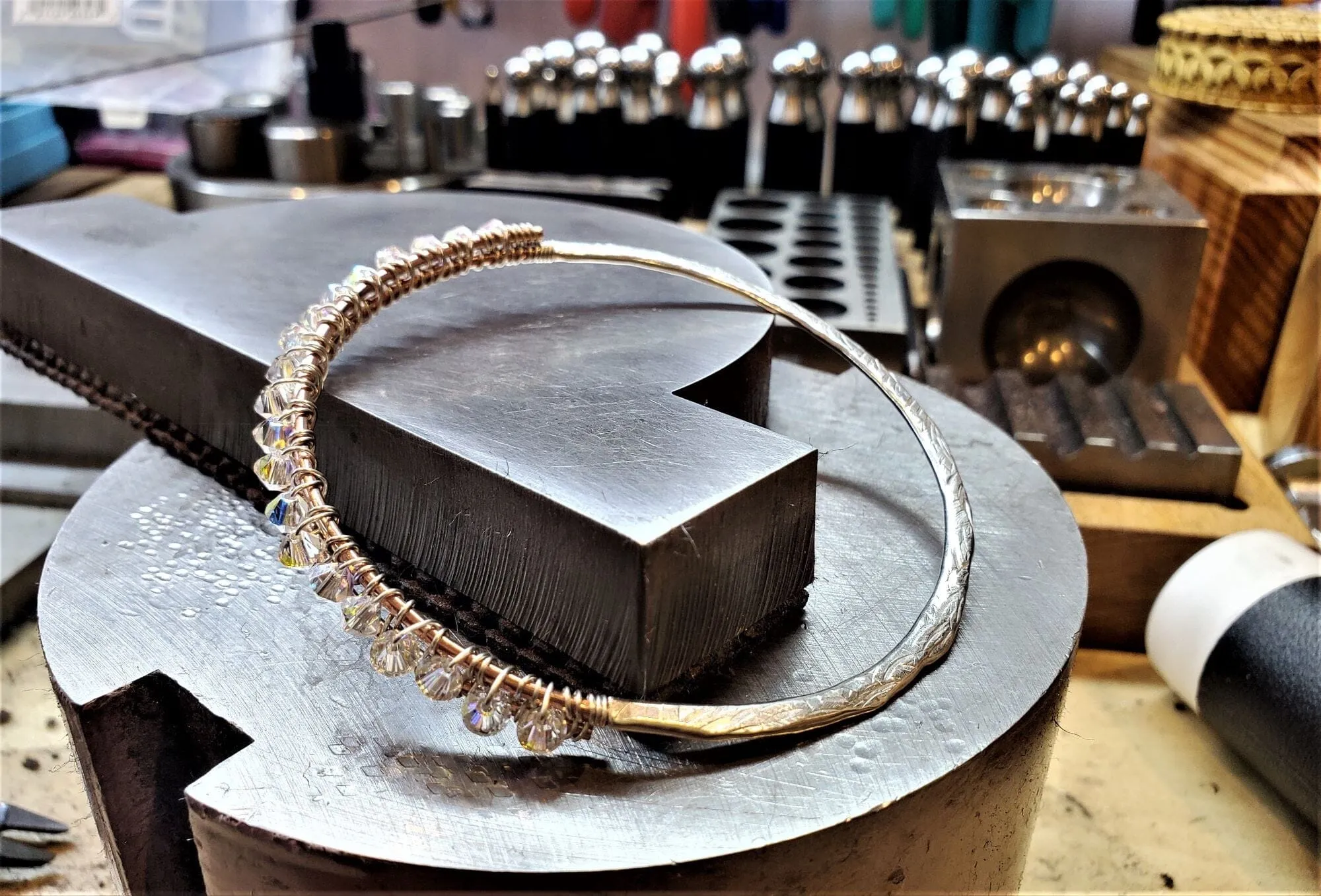 Two Metal  Embossed Wire Wrapped Crystal Bangle