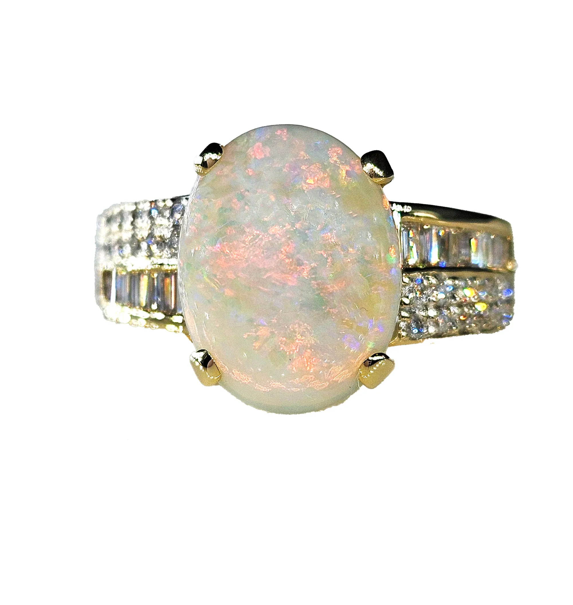 Vintage 5.54ctw Australian OPAL & Round Baguette Diamond 14k Yellow Gold Ring