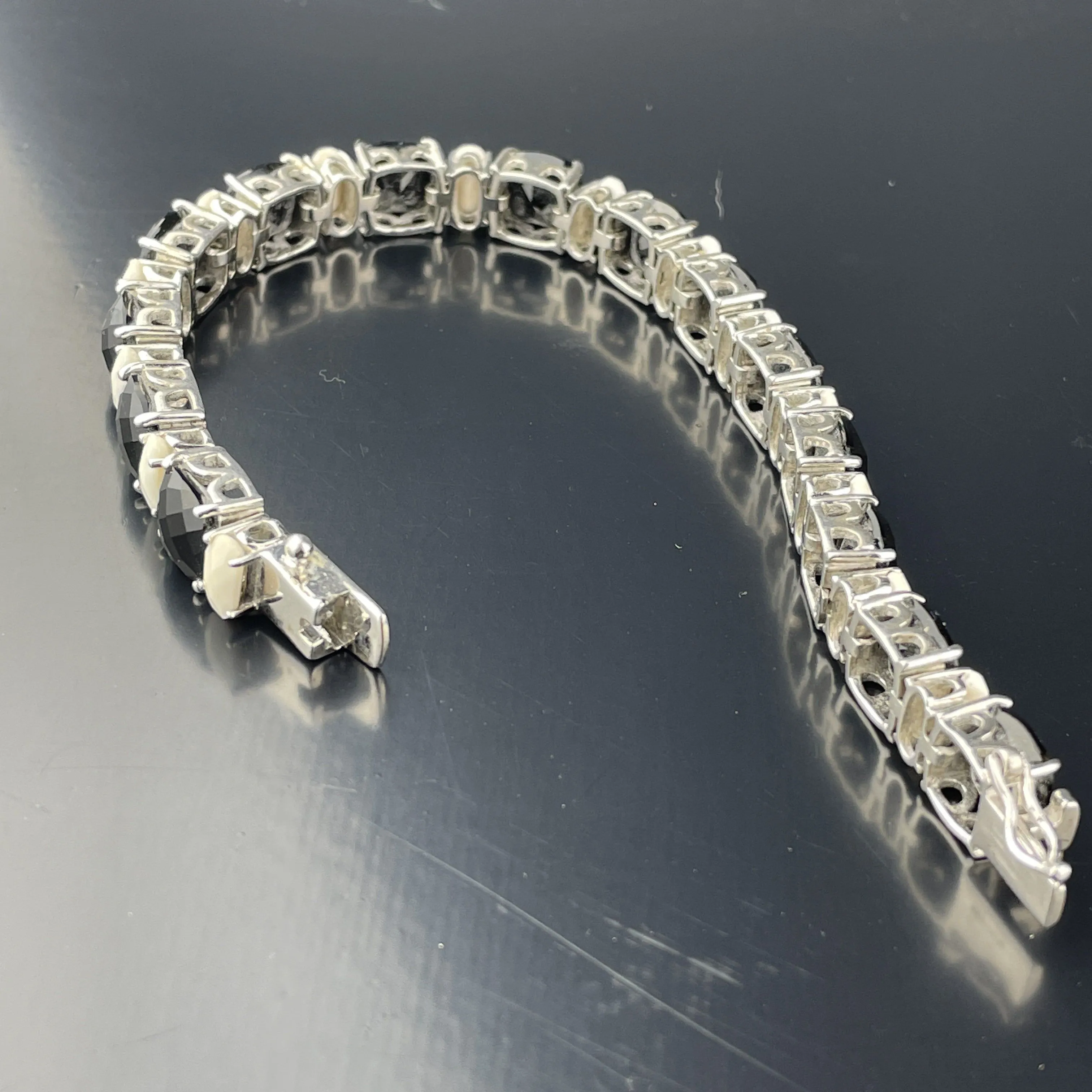 Vintage Sterling Onyx White Quartz Tennis Bracelet