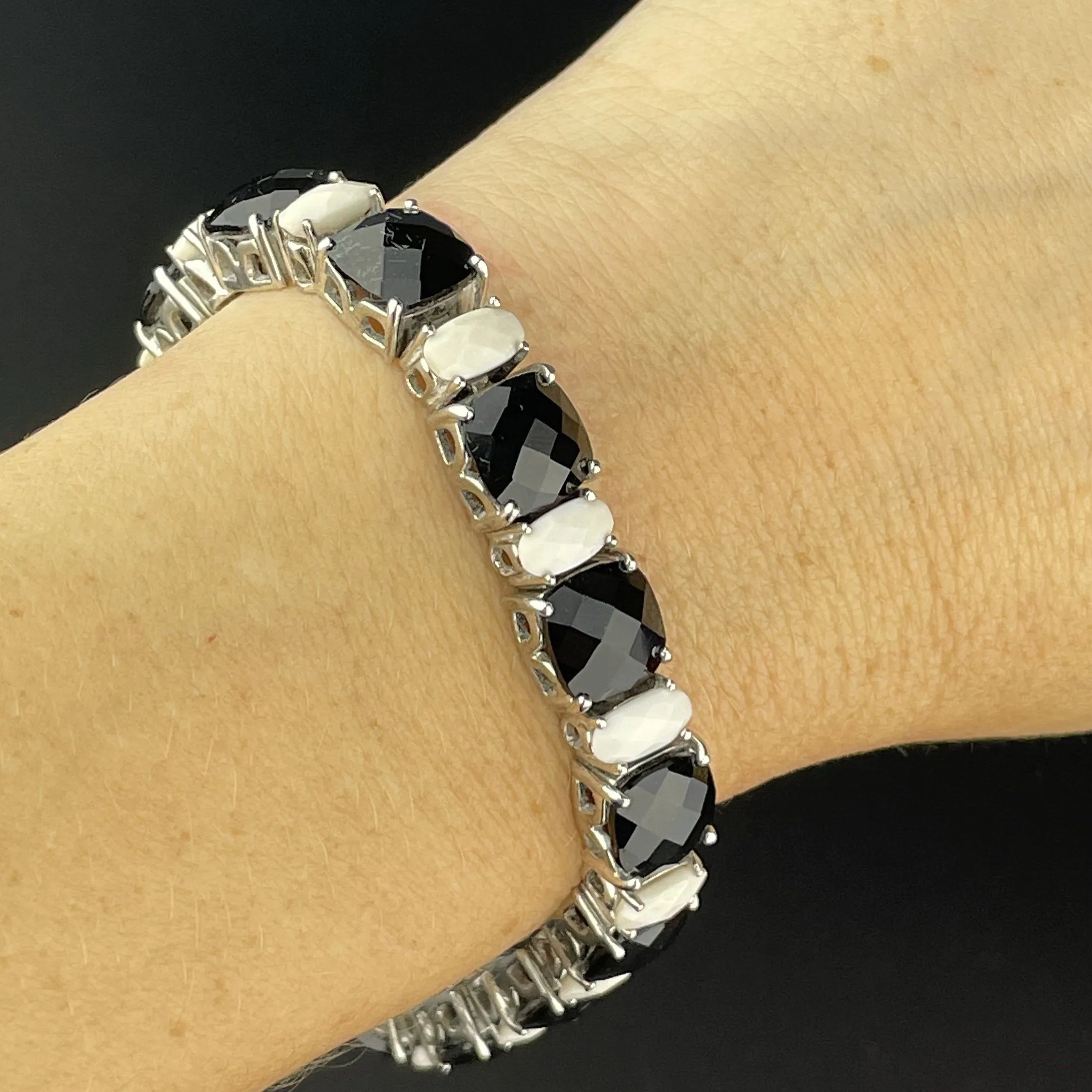 Vintage Sterling Onyx White Quartz Tennis Bracelet